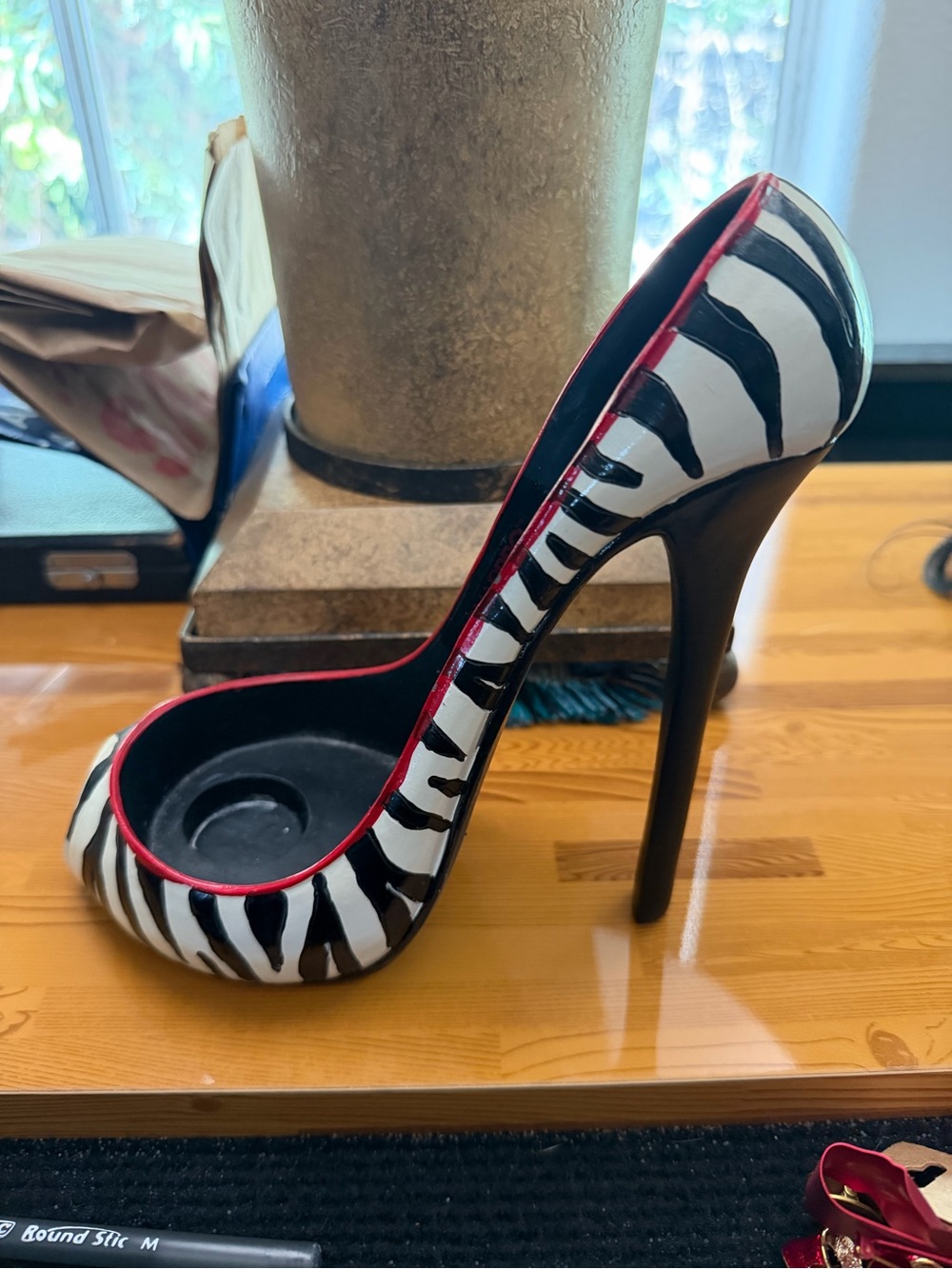 Women’s Zebra Print High Heel Decorative Shoe - Black & White with Red Trim